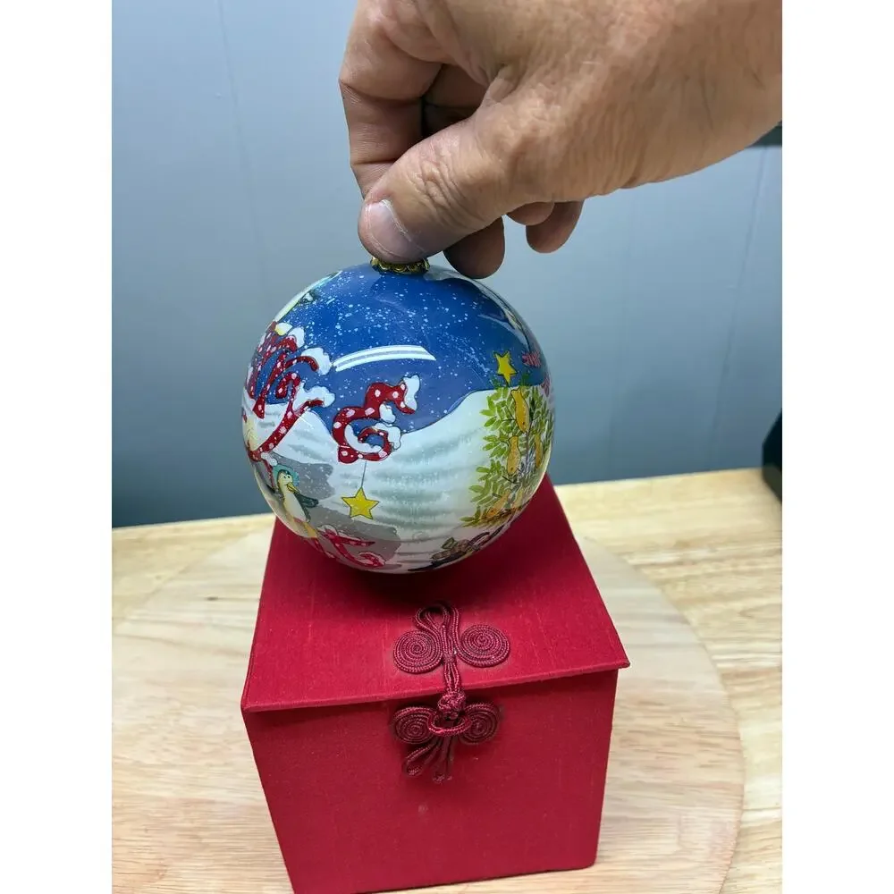 Hand Painted Glass Penguin Ornament in Satin Gift Box | Merry & Bright 2010